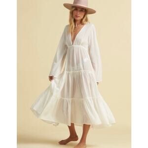 Billabong x Salty Blonde Wanderlust Maxi Beach Dress Tiered Deep V Neck Cream S